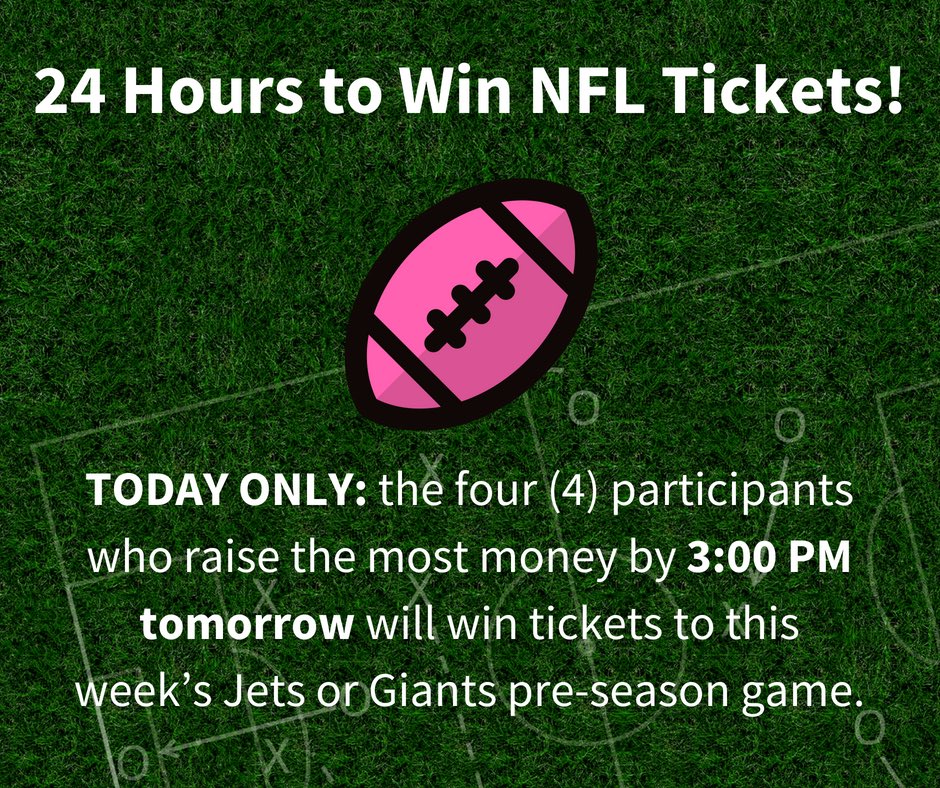 makingstridesSI's tweet photo. The #Challenge starts now - 24 Hours to Win NFL Tickets!!! TODAY ONLY: the four (4) participants who raise the most money by 3:00PM tomorrow will win tickets to this week’s Jets or Giants pre-season game. Good luck! #MakingStridesSI #25YearsMSABCSI #NewYorkJets #NewYorkGiants https://t.co/oiiWYvwMWH