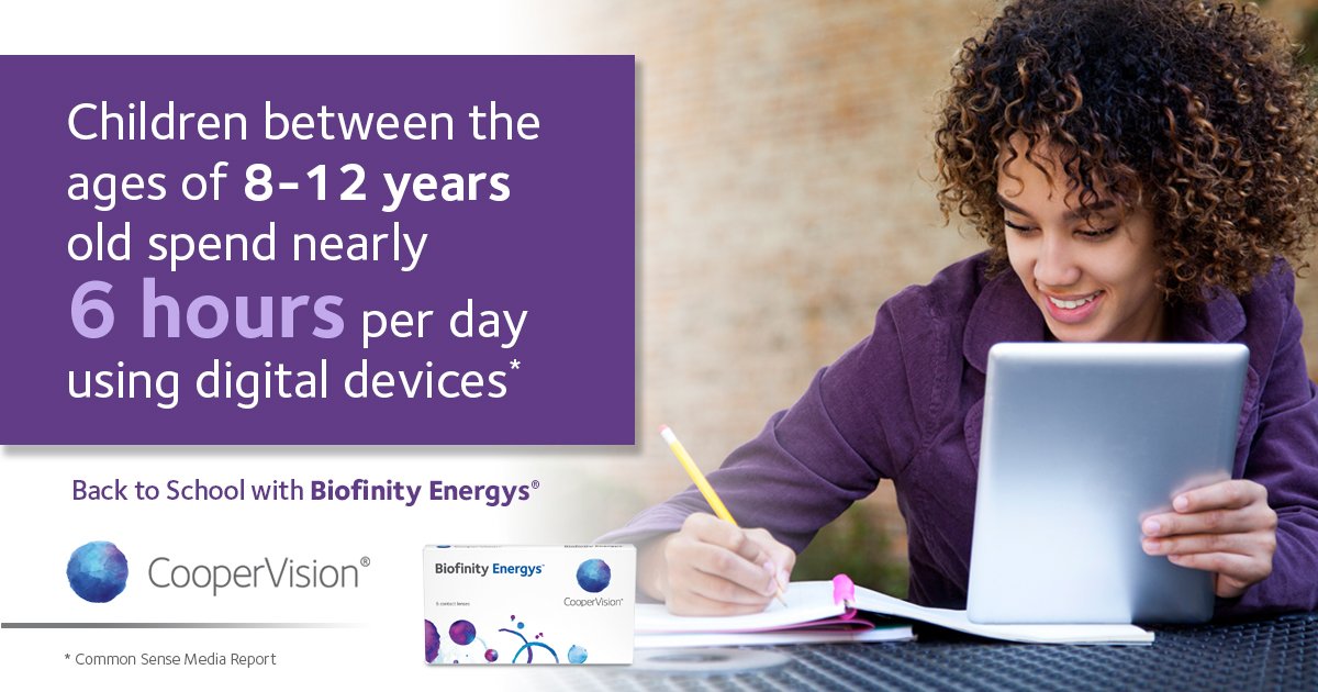 CooperVision's tweet photo. Did you know kids aged 8-12 spend almost 6 hours a day using digital devices? As kids prepare to go back to school, it's important to recognize the symptoms of #digital eye fatigue (dry, tired, #eyes), and learn how CooperVision's Biofinity Energys contact lenses can help: https://t.co/6NPBBSlCua