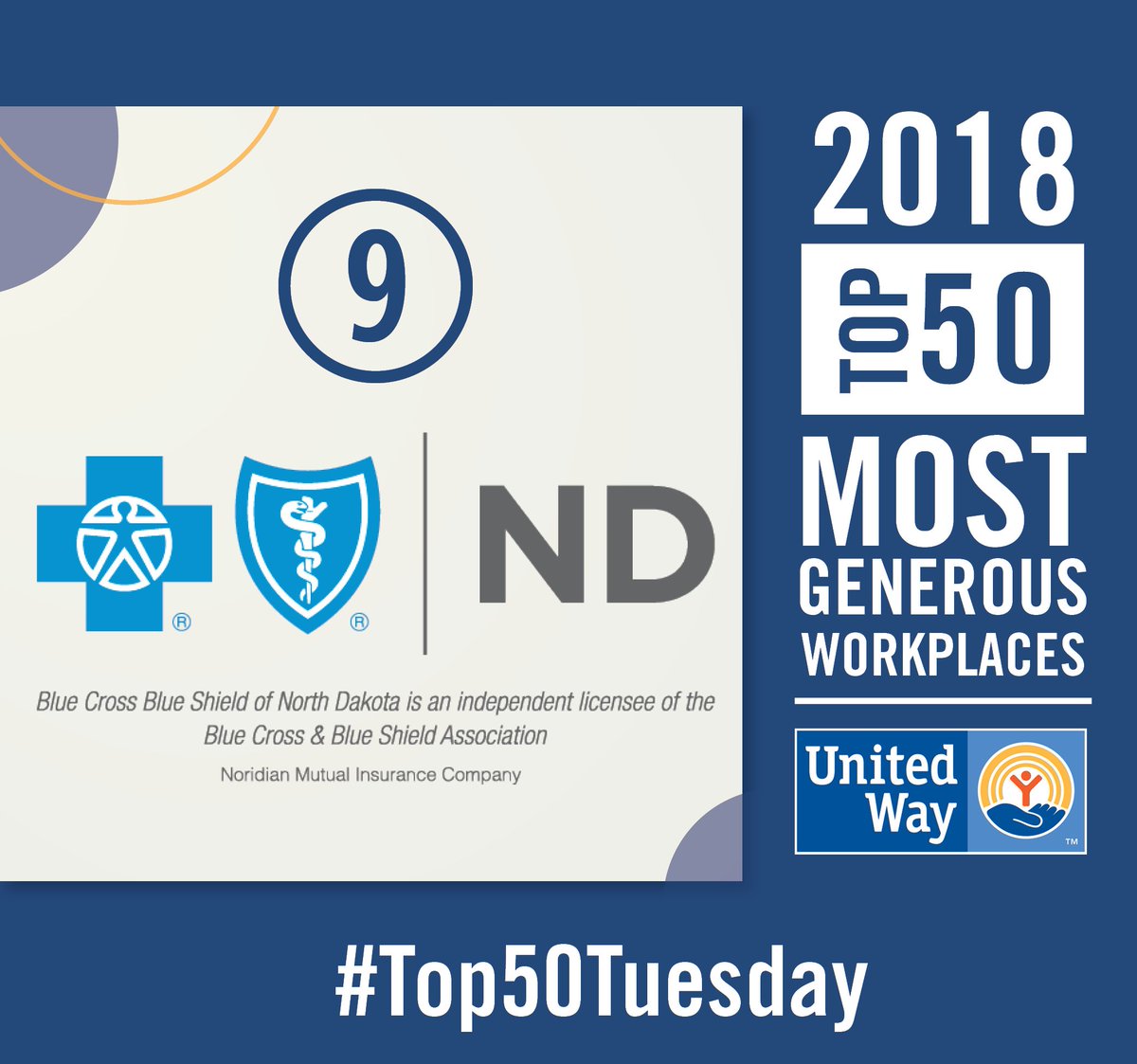 UnitedWayFargo's tweet photo. #Top50Tuesday shout out to @BCBSND! During their 2017 campaign they focused on volunteering, giving to &amp; supporting United Way with enthusiasm! They also had 250 employees volunteer on Day of Caring &amp; helped nearly 70 seniors! Now that's a #ForceForGood! #LIVEUNITEDCassClay https://t.co/XH6QuGBnD2