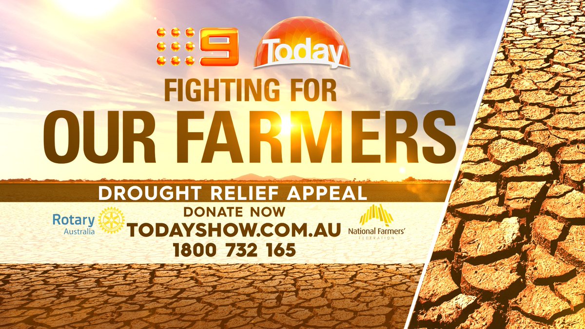 TheTodayShow's tweet image. Our Drought Appeal has now raised over $2.5 MILLION to help our struggling farmers! This is absolutely incredible. If you’d like to donate, call 1800 732 165 or CLICK HERE: todayshow.com.au #9Today