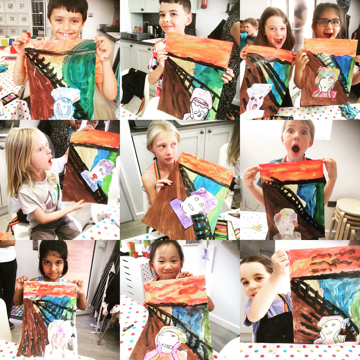 artschoolcreate's tweet photo. Here are our wonderful #scream artists from today! They retold the story of the painting by putting their own emotions into it. Brilliant art, fab kids. We had a great (and a bit messy) time! #munchscream #createartschool #makeamasterpiece https://t.co/5CbXMt7HgE