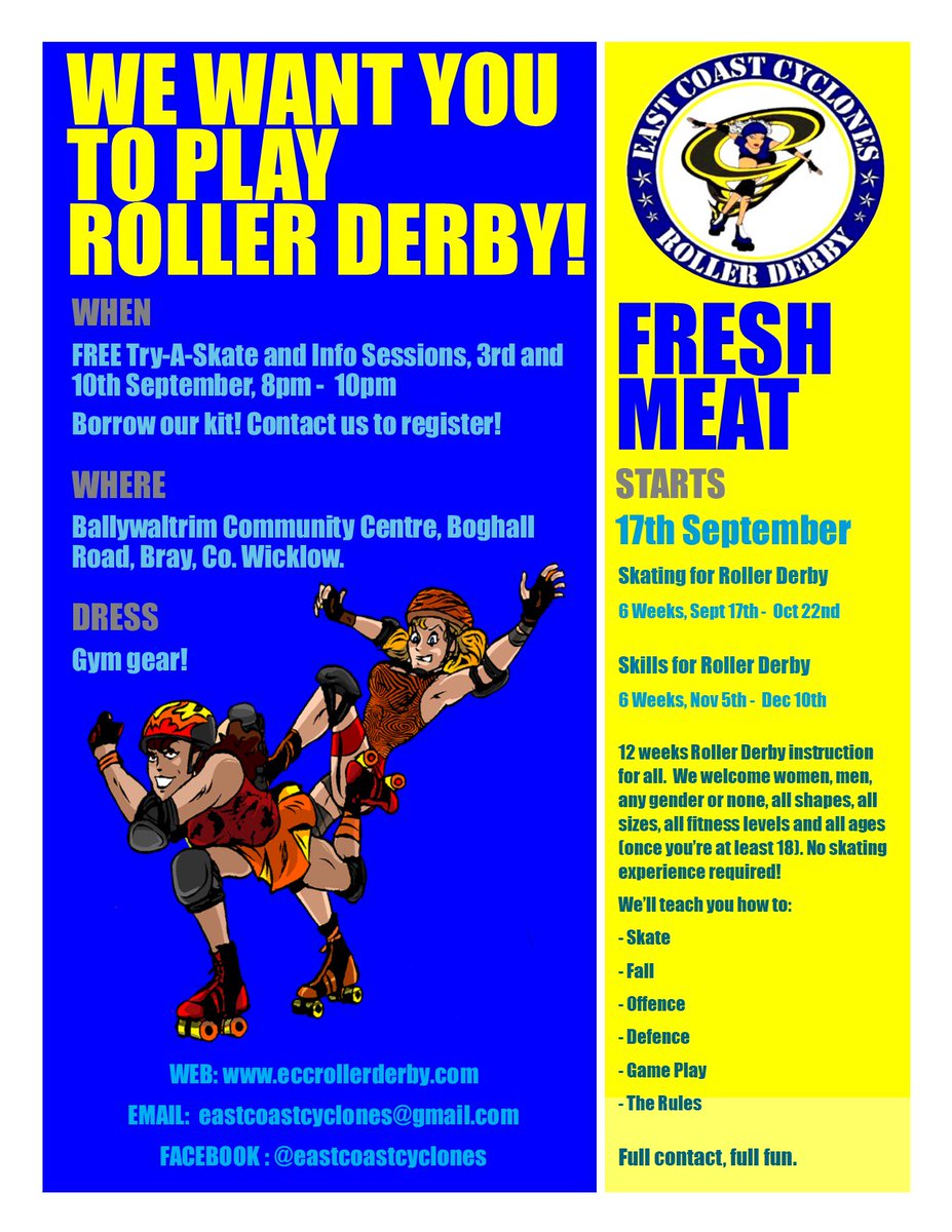 ECCyclones's tweet photo. Come learn and play #rollerderby with us this #September in beautiful #Bray #Ireland. We're #recruiting !

#Freshmeat #teamsport #fast #fit #strong #fullcontact https://t.co/E3fAVBO59q
