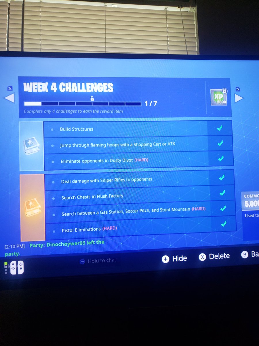Batfan2015's tweet photo. @FortniteGame After the new patch this morning on the Switch, I am not receiving the week 4 road trip prize for completing the week. https://t.co/CAXyXCaz0v