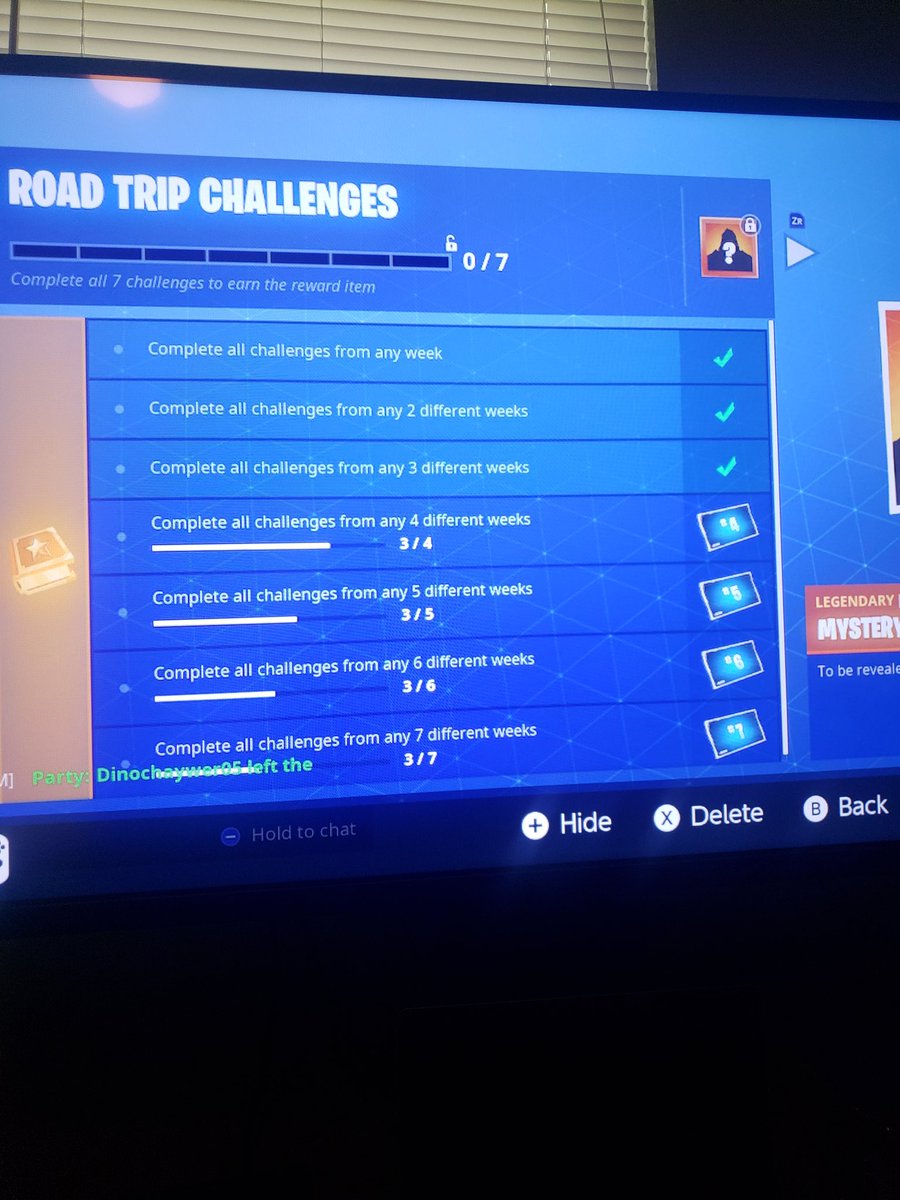 Batfan2015's tweet photo. @FortniteGame After the new patch this morning on the Switch, I am not receiving the week 4 road trip prize for completing the week. https://t.co/CAXyXCaz0v