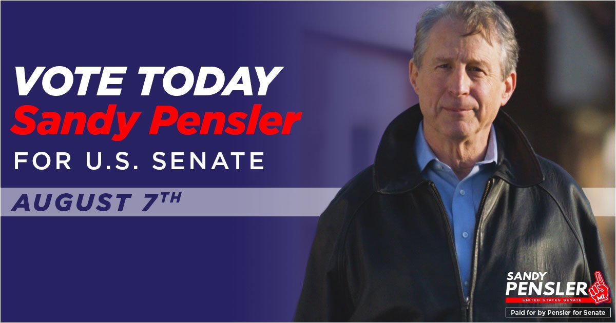 SandyPensler's tweet photo. We’re coming down to the wire. Polls close at 8 PM tonight. Go vote! Make your voice heard that you’re supporting a candidate who supports President Trump’s bold America First agenda and who will put #MichiganFirst. RT to spread the word to get out and vote! #VoteSandy https://t.co/Qv6HJcN8z5
