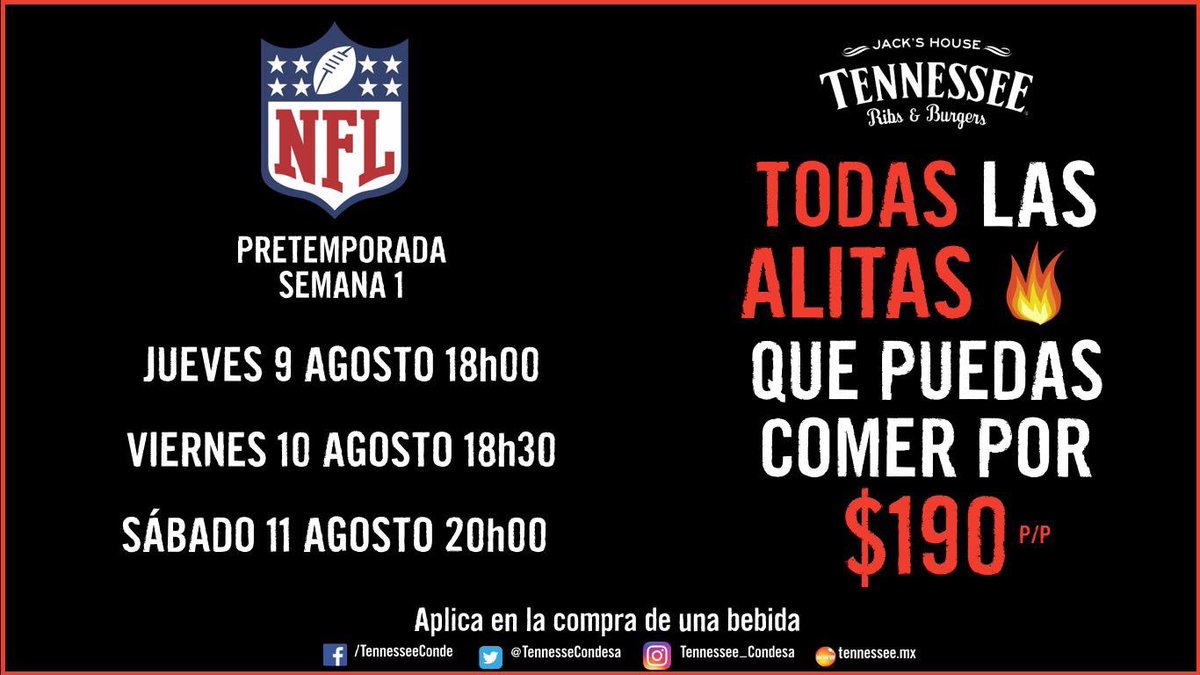 TennesseCondesa's tweet photo. ¡A gozar de la #NFL! Ven a disfrutar de la #Pretemporada2018 🏈 en nuestras #8Pantallas y de unas deliciosas #Alitas 🍗 #AllYouCanEat 
(Aplica durante los partidos) https://t.co/C1WBZxNeOK
