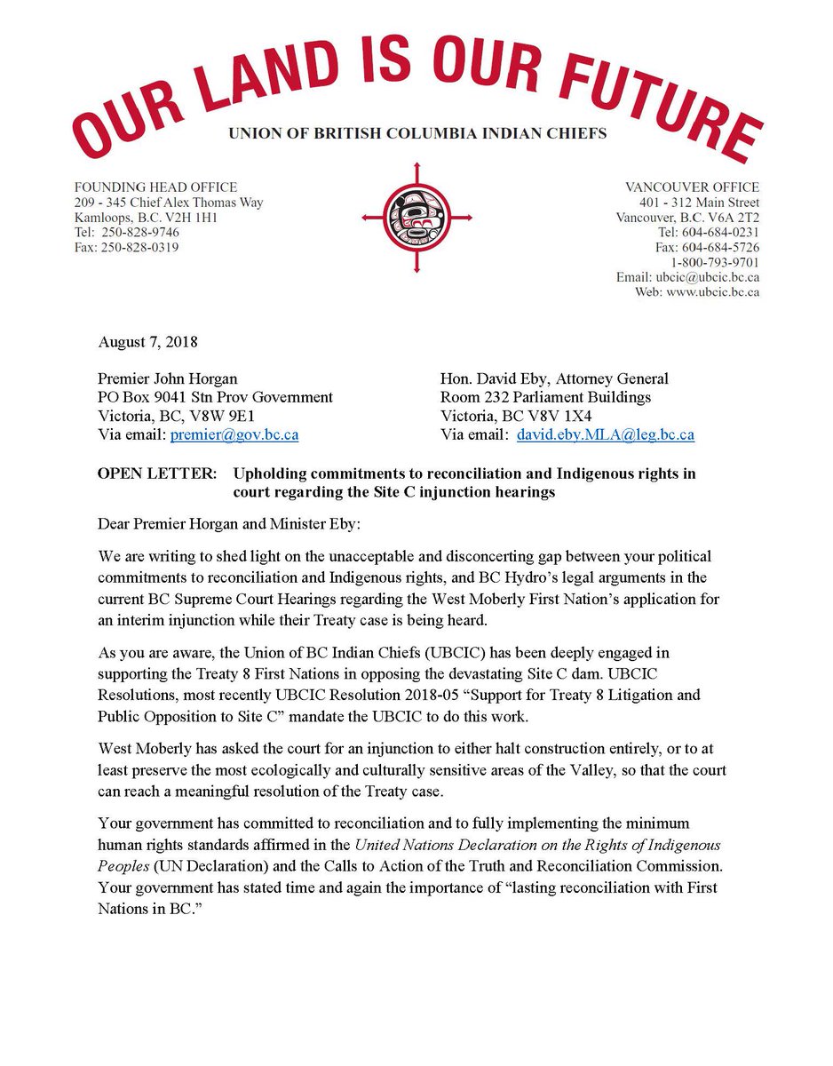 UBCIC's tweet image. OPEN LETTER:    Upholding commitments to reconciliation and Indigenous rights in court regarding the Site C injunction hearings @jjhorgan @Dave_Eby #cdnpoli