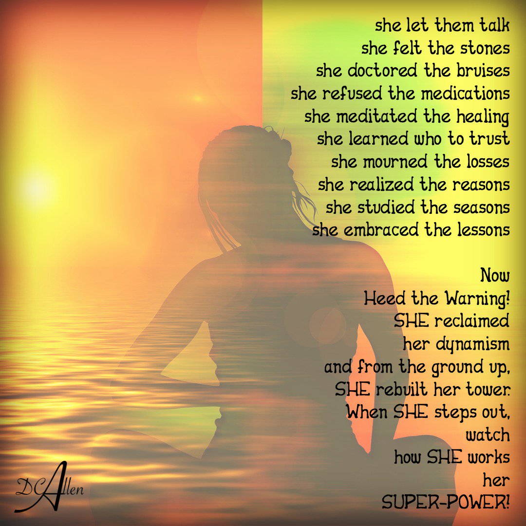 DonnaCAllenNC's tweet photo. she let them talk
she felt the stones
she doctored the bruises
she refused the medications
she meditated the healing
#poetry #PoetryCorner #womenempoweringwomen #WomenEmpowerment #strongwomenwrite #TuesdayMotivation #superpowers #Superheroes #bossbabe https://t.co/lt2JAIbNyr