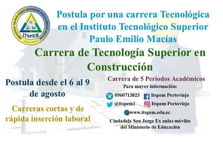 jicrlosa's tweet photo. #YoPostuloAlITSPEM Del 6 al 9 de Agosto de 2018, recuerda el Instituto PauloEmilio Macías, ofrece formación tecnológica gratuita de calidad en 5 períodos académicos. @EduSuperiorEc #SomosTercerNivel https://t.co/J2gRRhRiZb