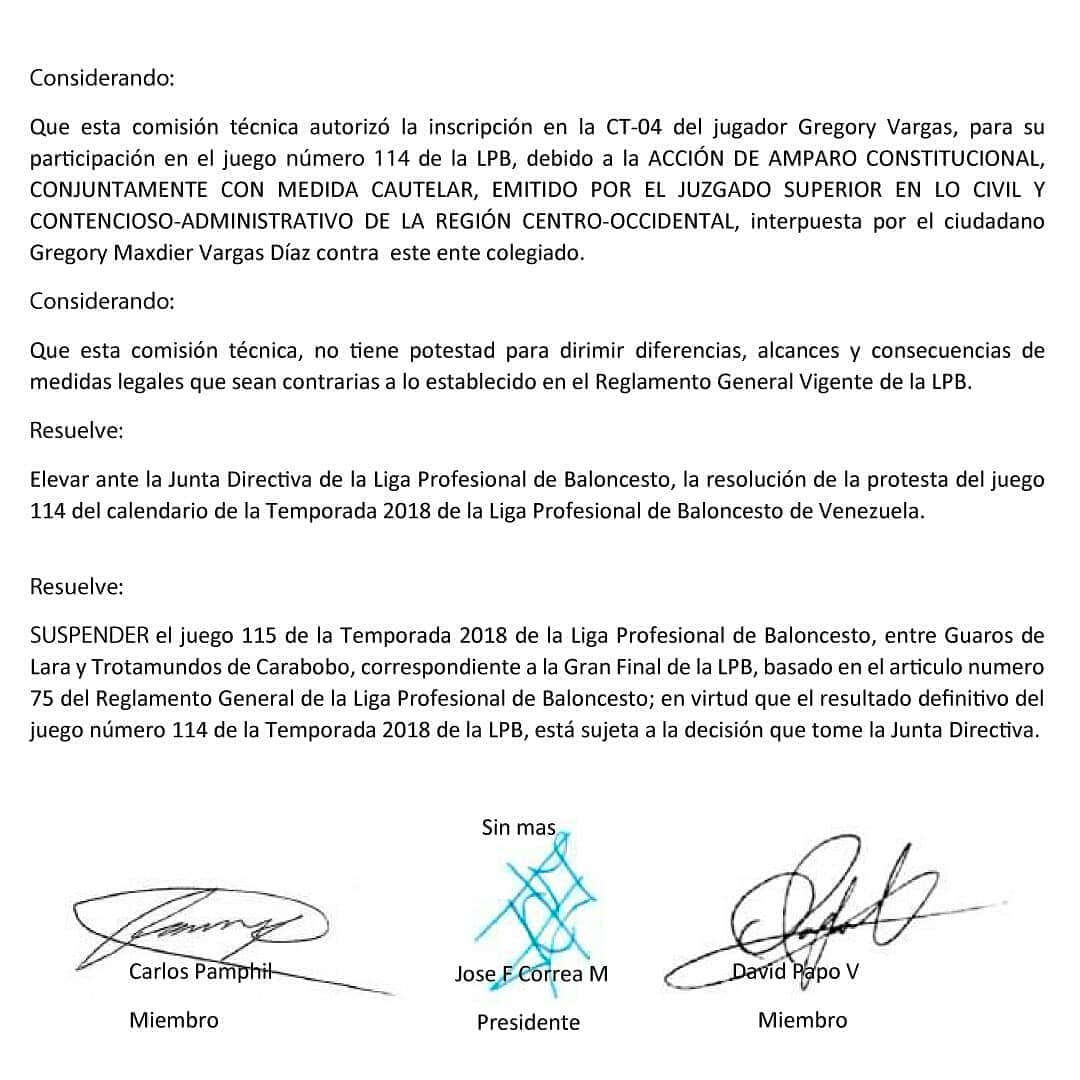 trotamundosbbc1's tweet photo. COMUNICADO

La Comisión Técnica decidió suspender el séptimo juego y elevó a la Junta Directiva de la Liga, la decisión relacionada a la protesta del juego número seis de la Final 2018.

#TrotamundosBBC https://t.co/67k3rAHckc