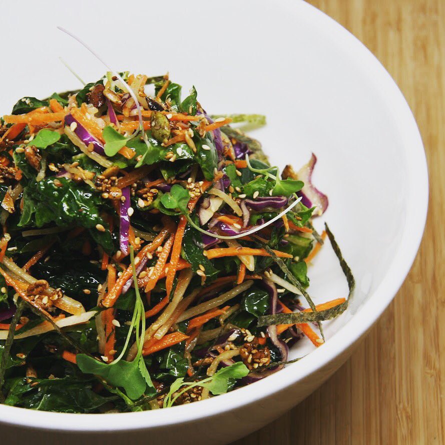 Our Shredded Veg Salad has become a staple item over the last month we’ve been open, with fresh organic Kale, Carrots, Radish, Cabbage, Seaweed and Toasted Seeds, tossed in Tamari and Nutritional Yeast Vinaigrette, its a perfect light but substantial lunch for this warm weather!