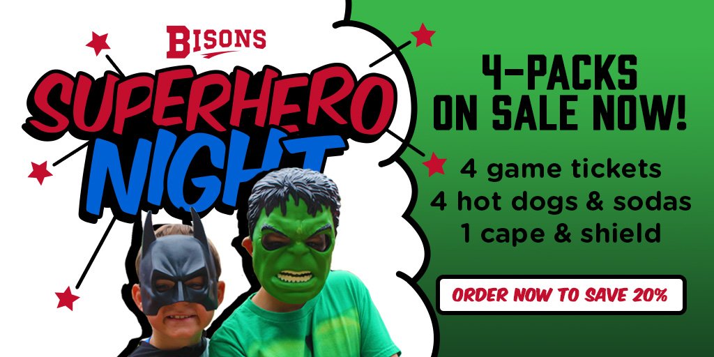 BuffaloBisons's tweet photo. 🚨 CONTEST ALERT 🚨 RT &amp; Follow for a chance to WIN a #Bisons Superhero Night 4-Pack!!! Prize includes: (4) tickets to the game on August 11th, (4) hot dogs, (4) sodas, (1) cape &amp; (1) shield! Who's in? https://t.co/fWwiLD9qiI https://t.co/da14a1uC95