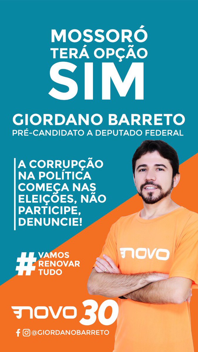 NOVO30RN's tweet photo. Assistam a #LIVE30 do Giordano pelo Facebook. Mossoró terá uma opção renovada para FEDERAL. @giordano_carlos candidato a Deputado Federal. https://t.co/VDlZ9oRjdL #VamosRenovarTudo #sejaNOVO #AgoraVao #EuAcredito #JoãonaBand #mossoró https://t.co/fb5yTq3Vdo