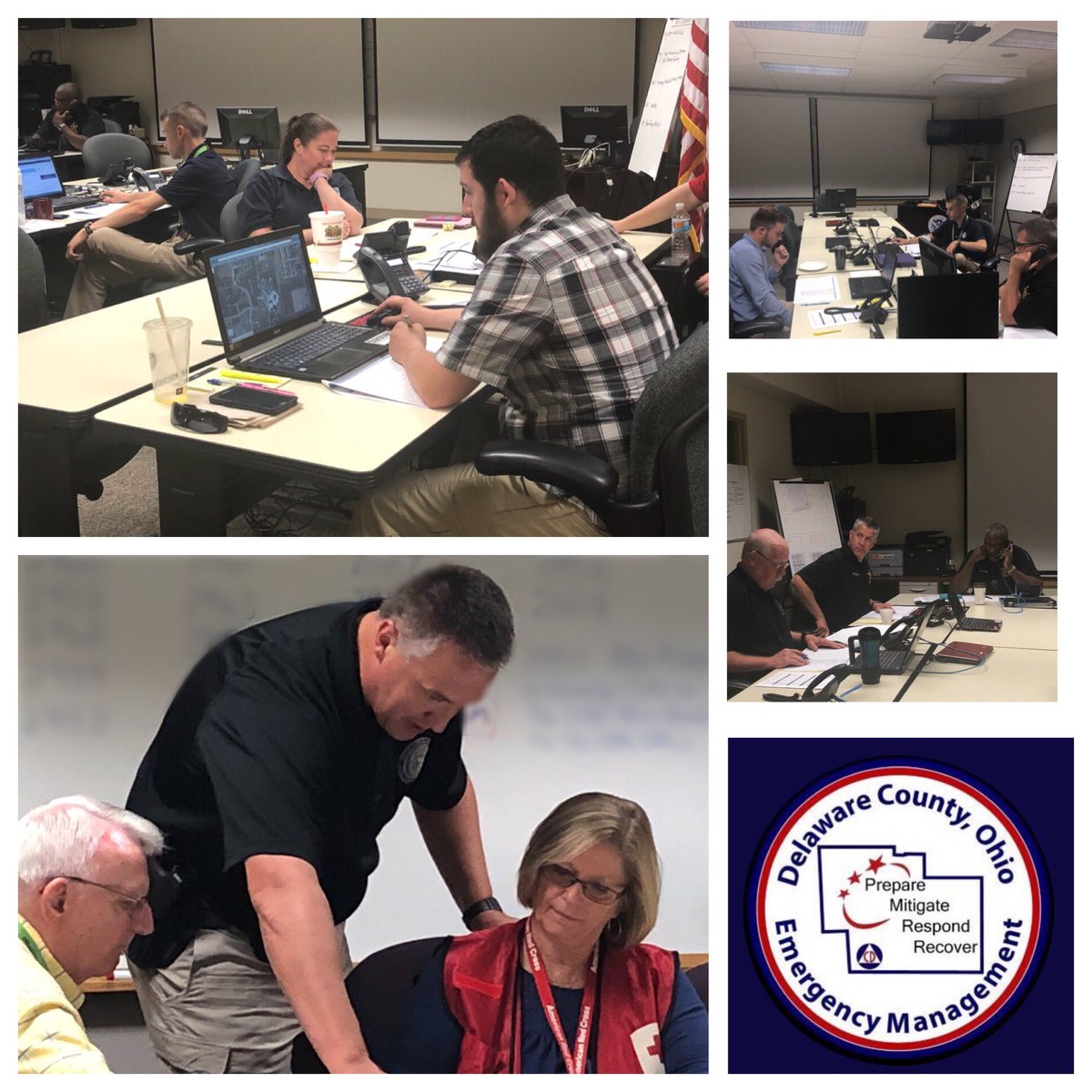 DelCoEMA's tweet photo. Day 2 of the @OlentangySD exercises. The Delaware Co. EOC is the designated SimCell with many of our partner agencies working the phones to provide school staff with a realistic training. #24schoolsin3days #SimCell ๐ #ThisIsAnExerceise #SRO https://t.co/0CCMfuolC3