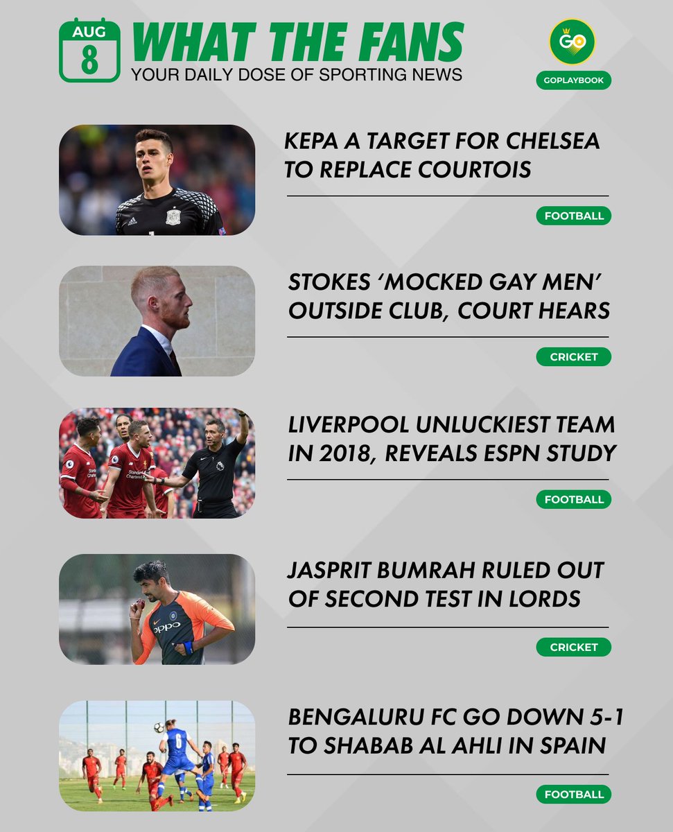 goplaybook's tweet image. All the top sporting headlines brought to you by GoPlayBook
#TransferTalk #TransferLive #TransferNews #Chelsea #Madrid #Kovacic #Courtois #Kepa #PL #FPL #PremierLeague #ENGvIND #Stokes #Bumrah #BFC #Liverpool #SportsNews #Sportscenter #Kohli