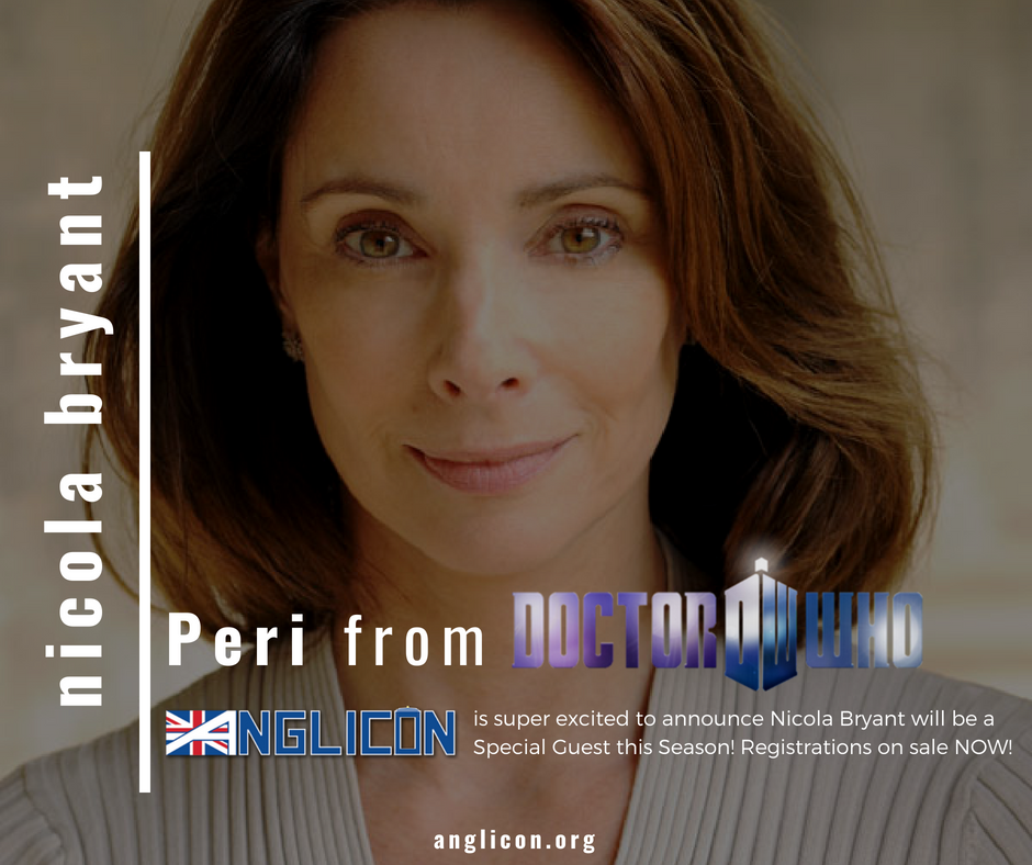 Anglicon's tweet image. We've got another Special Guest announcement for #Anglicon 2018! Doctor Who fans get ready to meet Nicola Bryant- that's right - Peri from 1984 to 1986! If you haven't got your membership yet, you MUST! It's going to be our BEST year yet! #Anglophile #DoctorWho #BritishMediaRocks