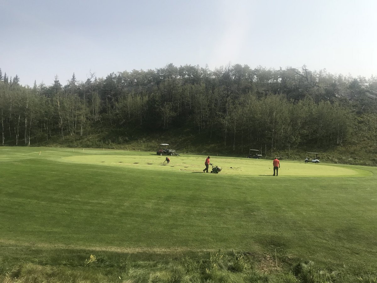 Crews out there prepping for new sod. Workers will be on hole 2&amp;9 for the next few days.  Please use caution when laying up to the temporary greens #safetyfirst #livingstone #golfyyc