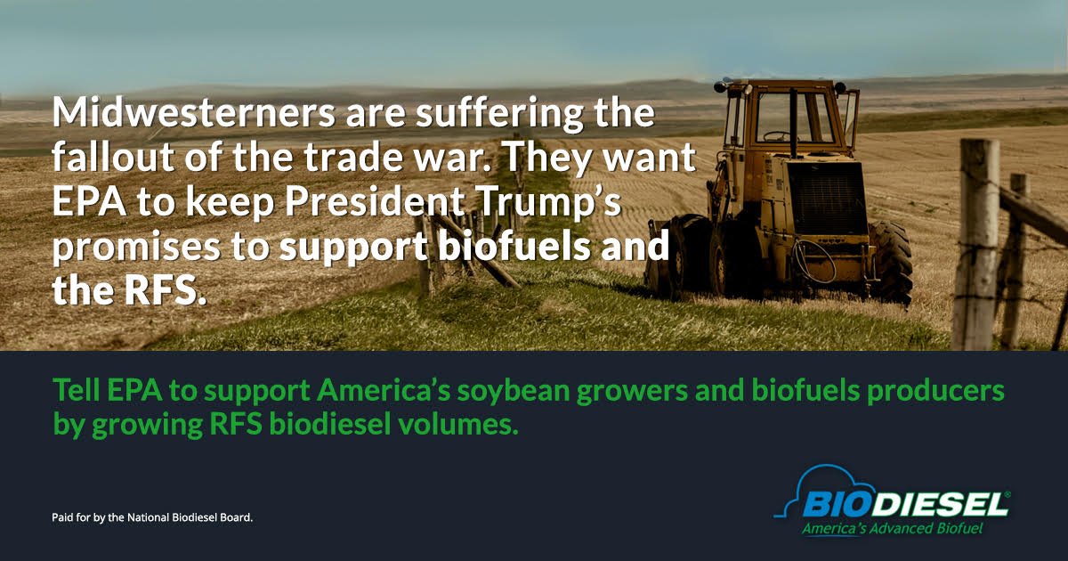 CleanFuelsAA's tweet photo. America's farmers and soybean growers need certainty in the biofuel market. Join America's advanced biofuel producers in asking the @EPA to increase support for #biodiesel in the #RFS. Send your comments to EPA: https://t.co/yROLP4neJh @SecretarySonny @realDonaldTrump https://t.co/DljCJ86cti