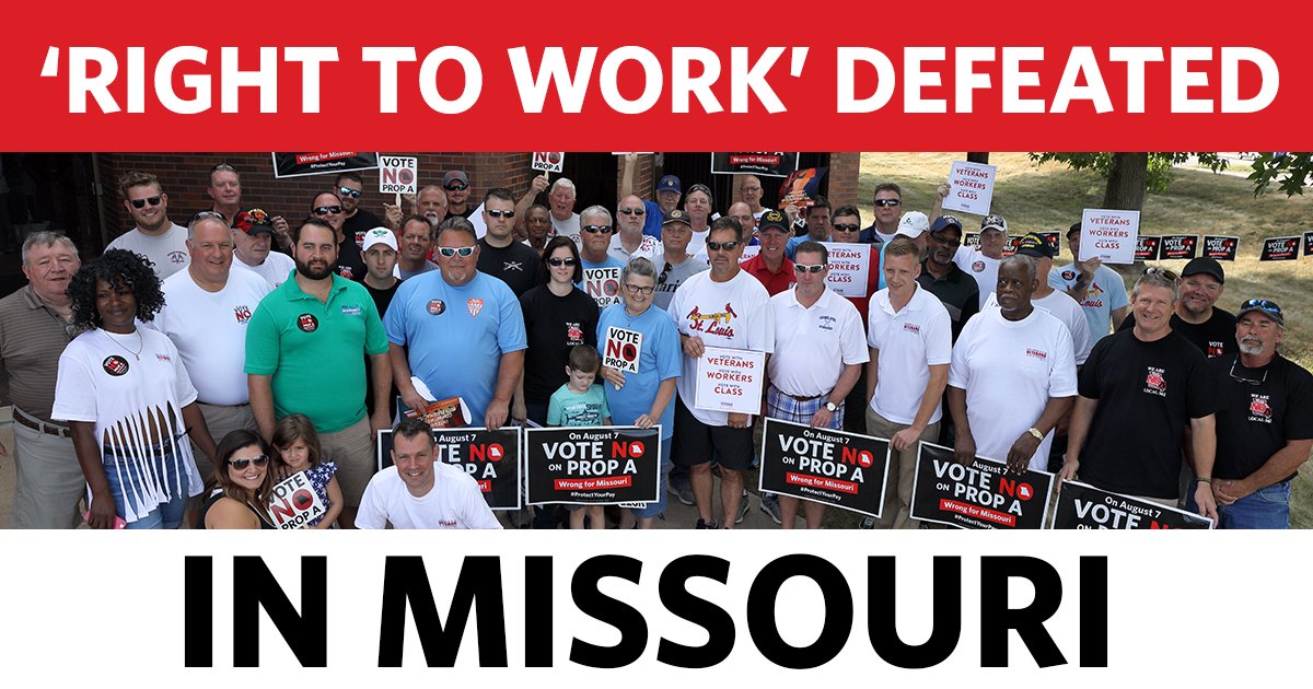 With over 64% of the vote in, Right to Work has been soundly defeated in Missouri. Today, Missourians have shown when they stick together they can accomplish anything. #1u #VoteNoOnPropA
