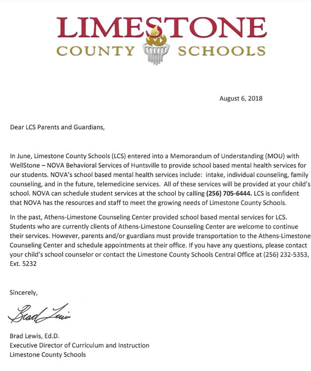 ElkmontElem's tweet photo. Limestone County Schools is partnering with WellStone—Nova Behavioral Services. This is a great resource for our families.  Contact our NOVA or Ms. Hamlin, our school counselor for more information.  Contact information is in the attached letter. https://t.co/2qKq7U0m0W