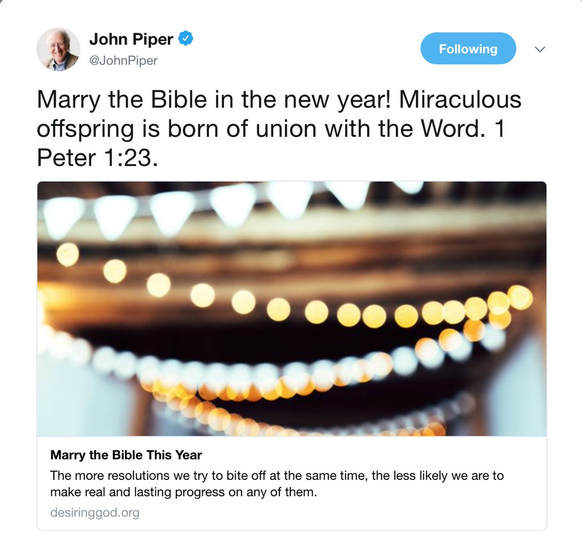 "I know we originally said we wanted John Piper to officiate the wedding," you remark, having just looked up and remembered this, "but the more I think about it, maybe we shouldn't invite him. He's got some really weird views on what 'biblical marriage' means…"