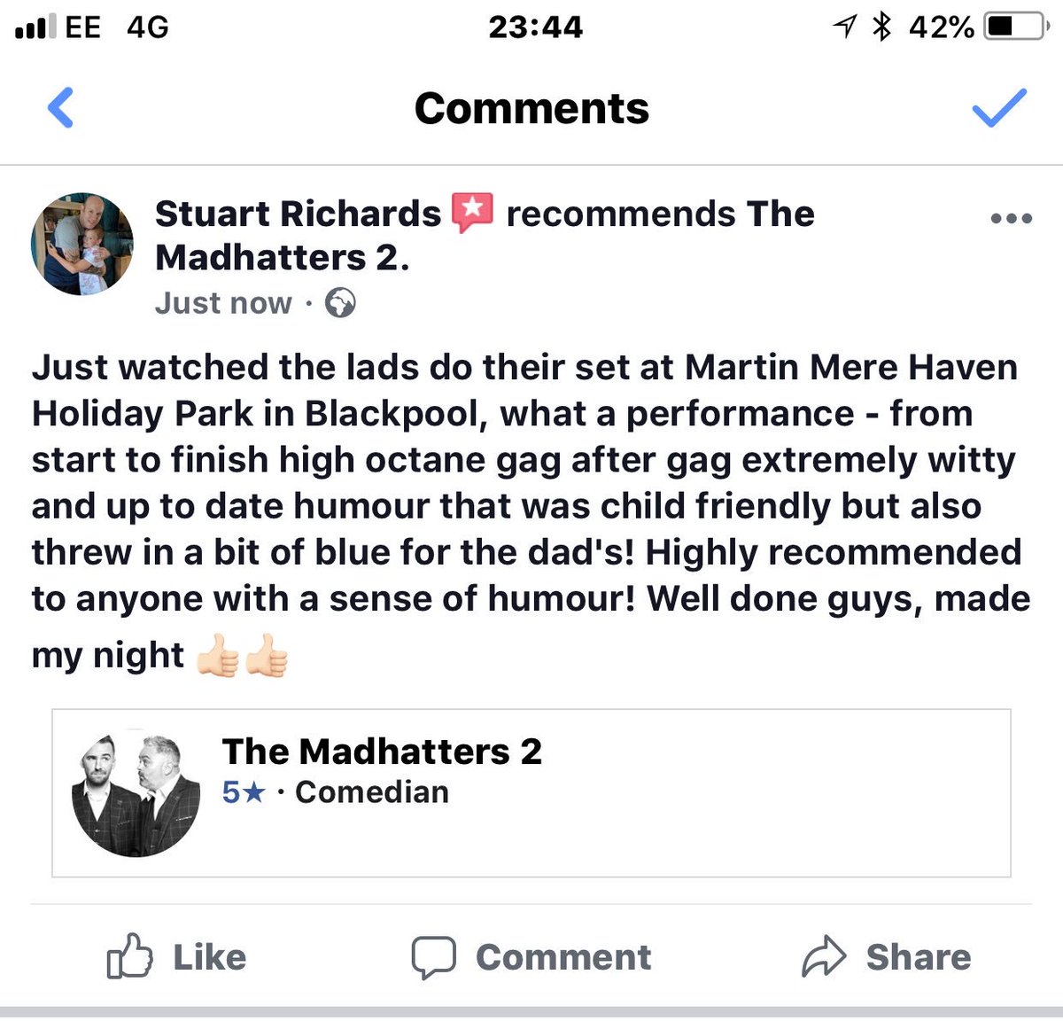 mh2comedyduo's tweet photo. I think this one just about sums up tonight's show @haven #Martonmere what a truely amazing night with a wonderful crowd, superb, enjoyed every single second of tonight!!!
#myhavendays #funstarsgolive https://t.co/2cUcV845Q4