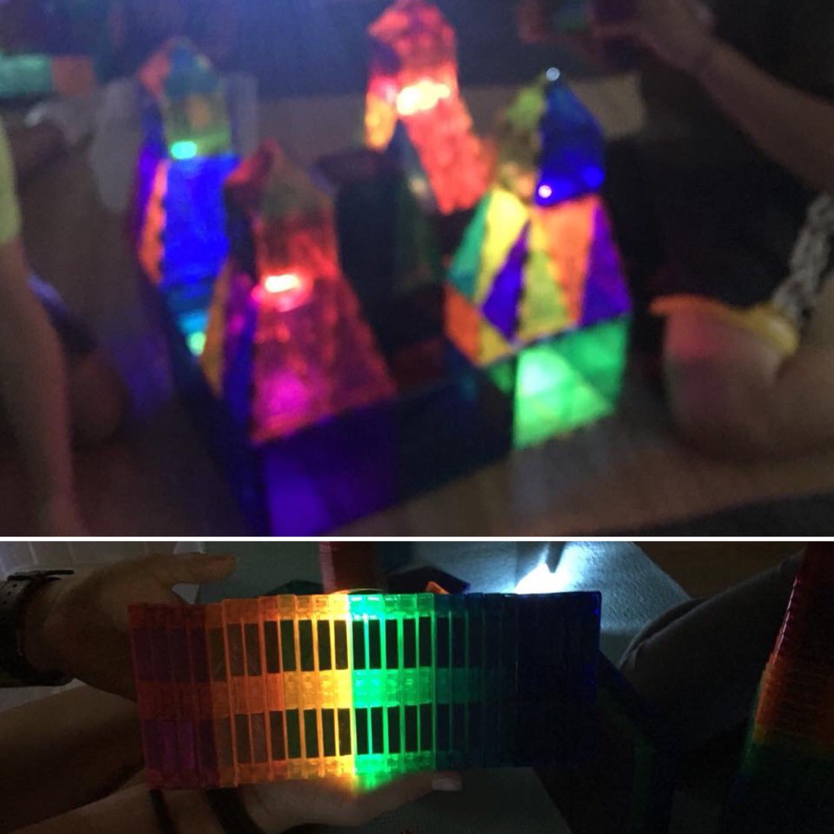 SteamSoCal's tweet image. It’s Science @ConejoYMCA  Light travels in a straight line until it reflects  off a smooth surface. For hands-on exploration kids combined colorful tiles, flashlights, prisms, mirrors. It was calming to work by dim colorful light.  #ConejoYMCA #STEAMSoCal