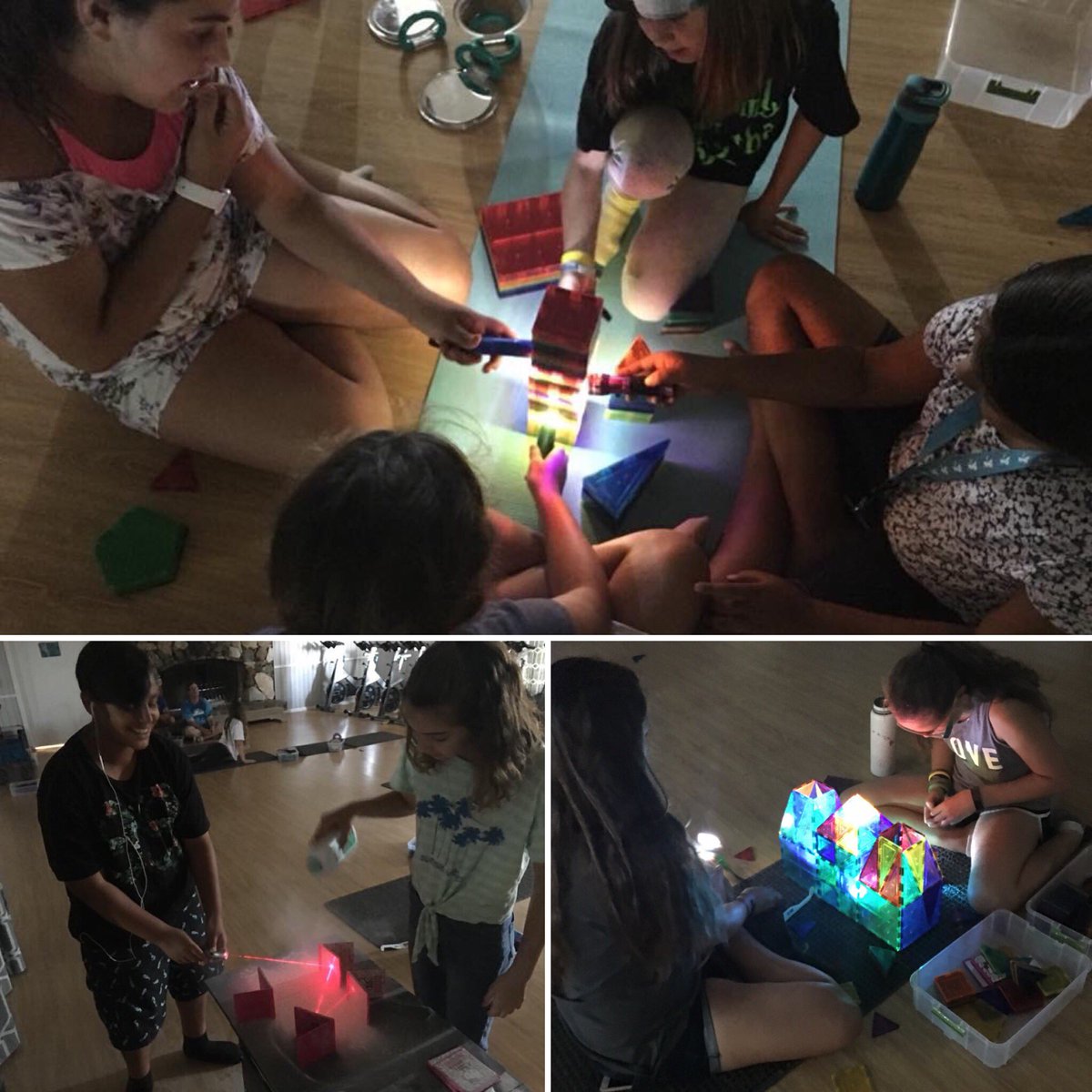 SteamSoCal's tweet image. It’s Science @ConejoYMCA  Light travels in a straight line until it reflects  off a smooth surface. For hands-on exploration kids combined colorful tiles, flashlights, prisms, mirrors. It was calming to work by dim colorful light.  #ConejoYMCA #STEAMSoCal
