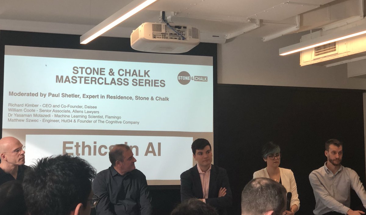 GlenBarry's tweet photo. Great #insights from the panel on the topic of #Ethics in #AI @stoneandchalk #sydneystartuphub @FlamingoAI #daisee @AllensLegal #thecognitivecompany moderated by @paul_shetler https://t.co/yjBL5TPRxk