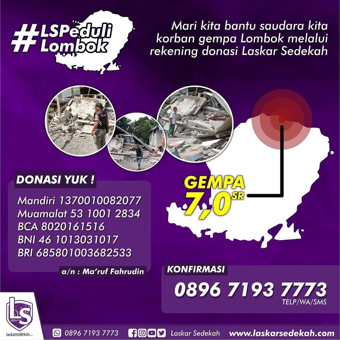 LSSurakarta's tweet photo. Laskar Sedekah mengajak sahabat semua untuk ikut berpartisipasi membantu saudara kita yang dilanda duka, dalam bentuk uang santunan.

Format konfirmasi :
Nama_PeduliNTB_Nominal_Bank
Kirim ke : 0896 7193 7773

*Sedekah diterima s.d. Hari Jumat, 10 Agustus 2018* https://t.co/rposqx9IQM