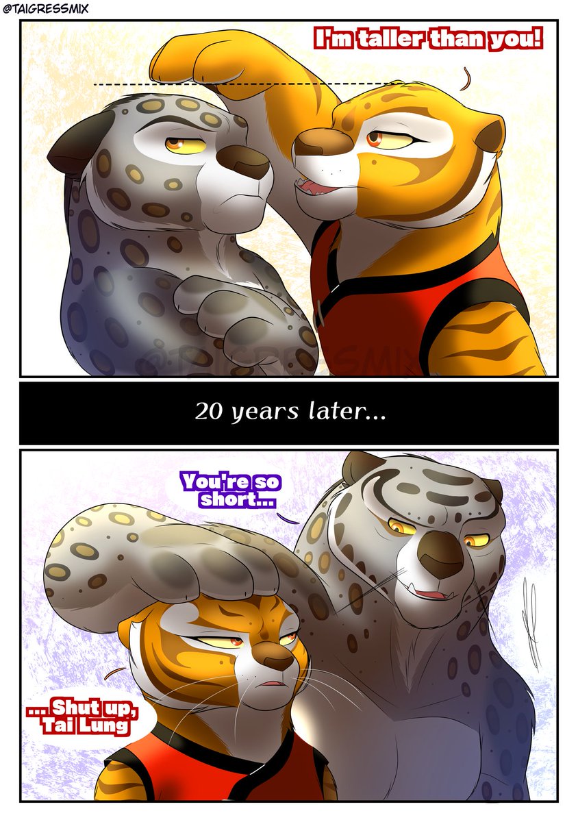 MasterLan12's tweet photo. T: I'm taller than you!
*20 years later...*
TL: You're so short...
T: ... Shut up, Tai Lung 

(A small AU where Tigress and Tai Lung grow together, but since they were puppies.) https://t.co/cG5qmNO9Gx