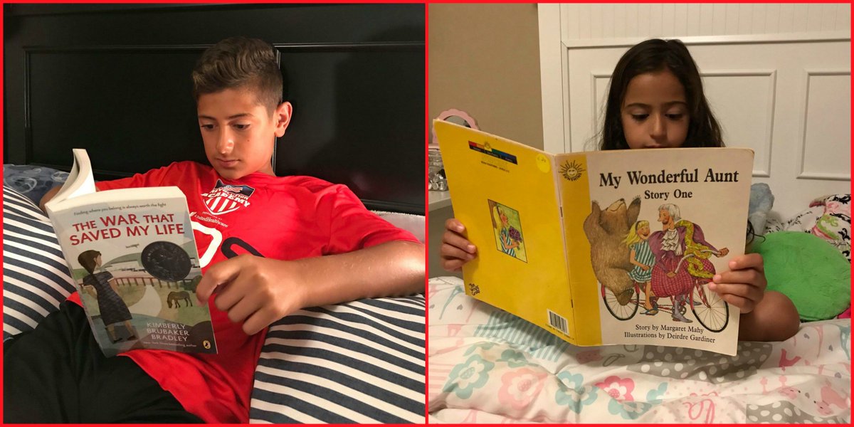 Ready, set, read and share!
Enzo Botta (entering 7th grade) & his sister, Ella Botta (entering 3rd grade) end their day with a good book. Enzo is reading 'The War That Saved My Life' by #Kimberlybrubakerbradley and Ella is reading 'My Wonderful Aunt: story One' by #MargaretMahy