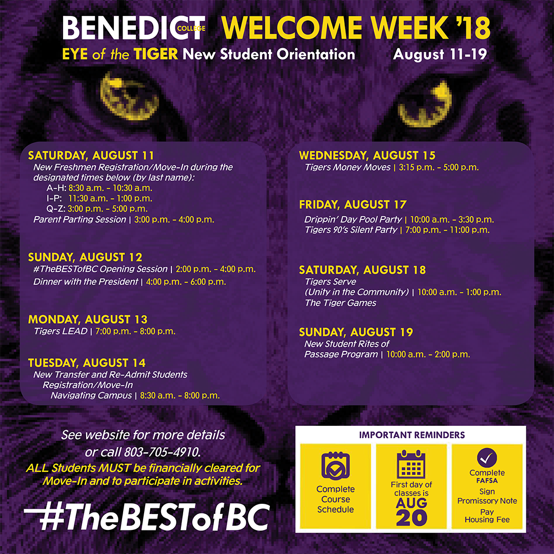ONLY 4 MORE DAYS to Benedict College's #EyeOfTheTiger #WelcomeWeek2018 #BenedictClassof2022  #OrientationWeek #ClassesStartAugust20 #TheBESTofBC  #TigersAREUReady? @ArtisRoslyn