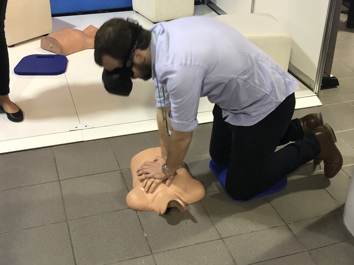 RosscoSalathiel's tweet photo. @AmbulanceVic new resuscitation Officer Matt Rose getting aquatinted with VR-CPR technology.....you only looked a little bit funny mate!! #caa18congress @agwalker01 https://t.co/3DxKjSEWQ7