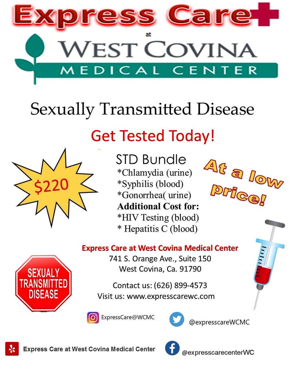 expresscareWCMC's tweet photo. Need STD testing? We offer a bundle at a low price! Give us a call for any questions at (626-899-4573). No appointments needed.
#westcovina #healthcare #expresscare #noinsurance #wecare #community #weekend #std https://t.co/opGzyMn79u