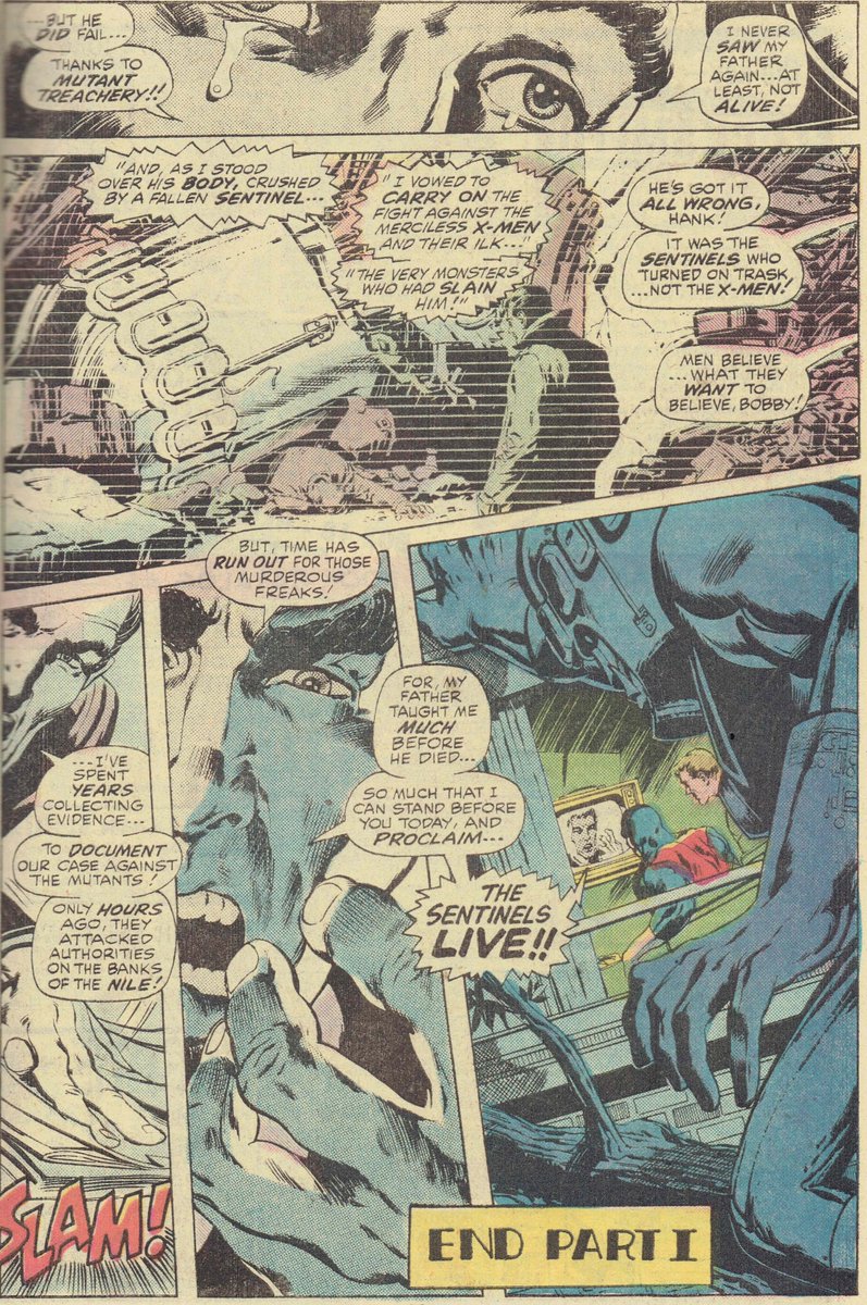 Look how he uses color here, to wash out the background to indicate darkness, the use of greys to indicate the television (and look at the lines on the TV), so many details, all perfectly flowing. #Xmen #NealAdams #TomPalmer #RoyThomas