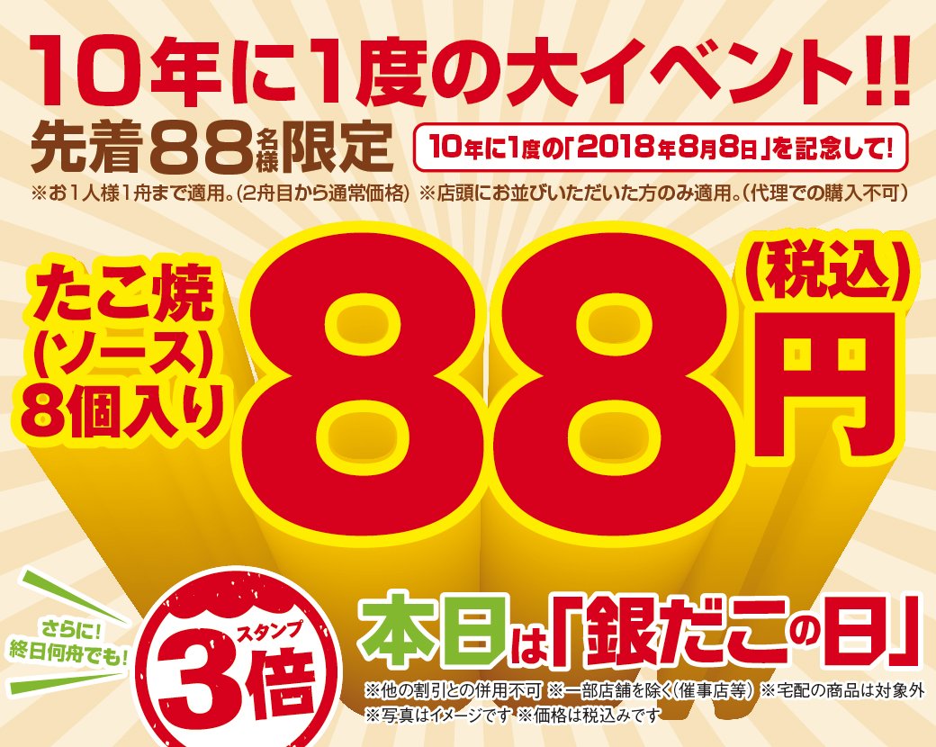 銀だこが10年に1度の「特別な8のつく日」で先着88人88円の特価で行列