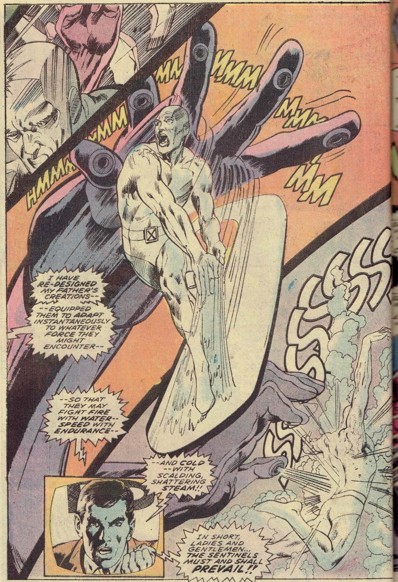 So many cool details, the side of iceman’s head is flat, his turning body on that “surfboard” of ice, the floating TV screen, the blast of steam coinciding with the words from the screen. It’s all perfectly situated. #Xmen #NealAdams #TomPalmer #RoyThomas