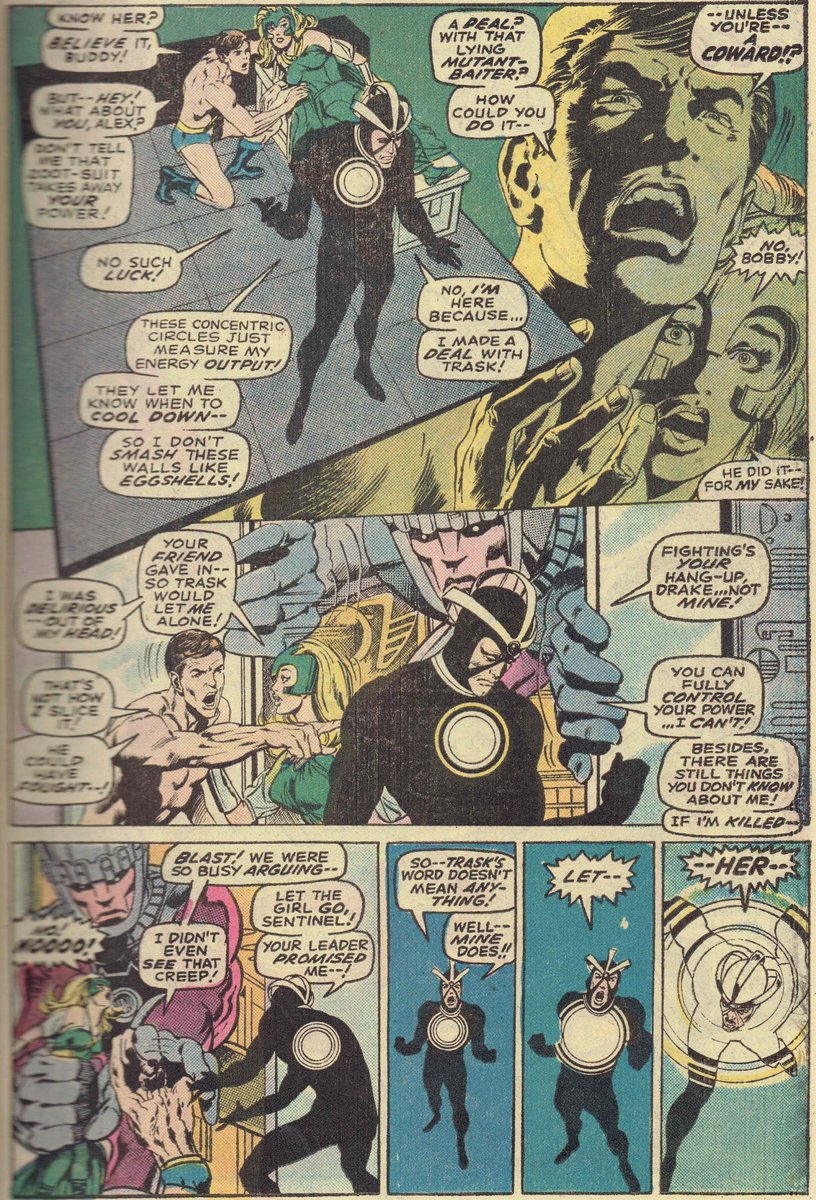 Look at the floating shot of Havok, Iceman and Polaris with the headshots of Bobby and Lorna in the background. Note the phenomenal costume design on everyone, and the energy signature of Havok’s blast, Adams has great design chops. #Xmen #NealAdams #TomPalmer #RoyThomas