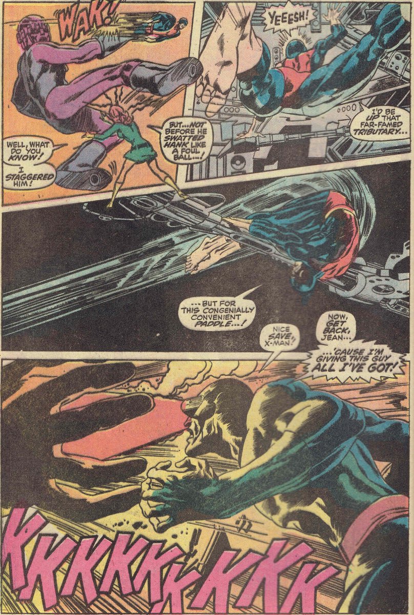 Adams never wastes good action, he shows Hank’s catch and spin, and finishes up with a great perspective shot on Scott’s optic blast. #Xmen #NealAdams #TomPalmer #RoyThomas