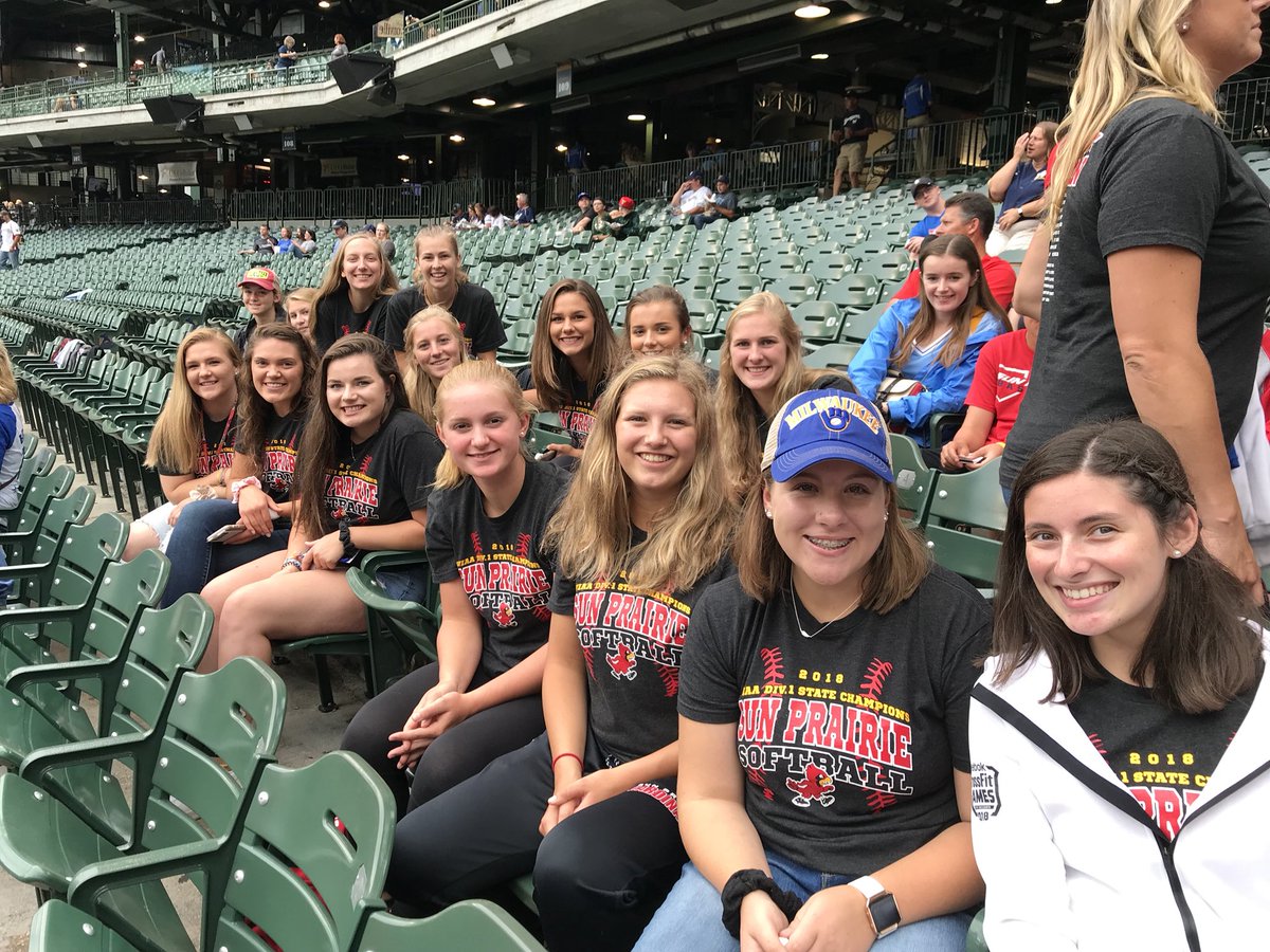 SunnyPSoftball's tweet photo. Div. 1 State Champs getting recognized at the Brewer game. https://t.co/mPgE2qVPIL