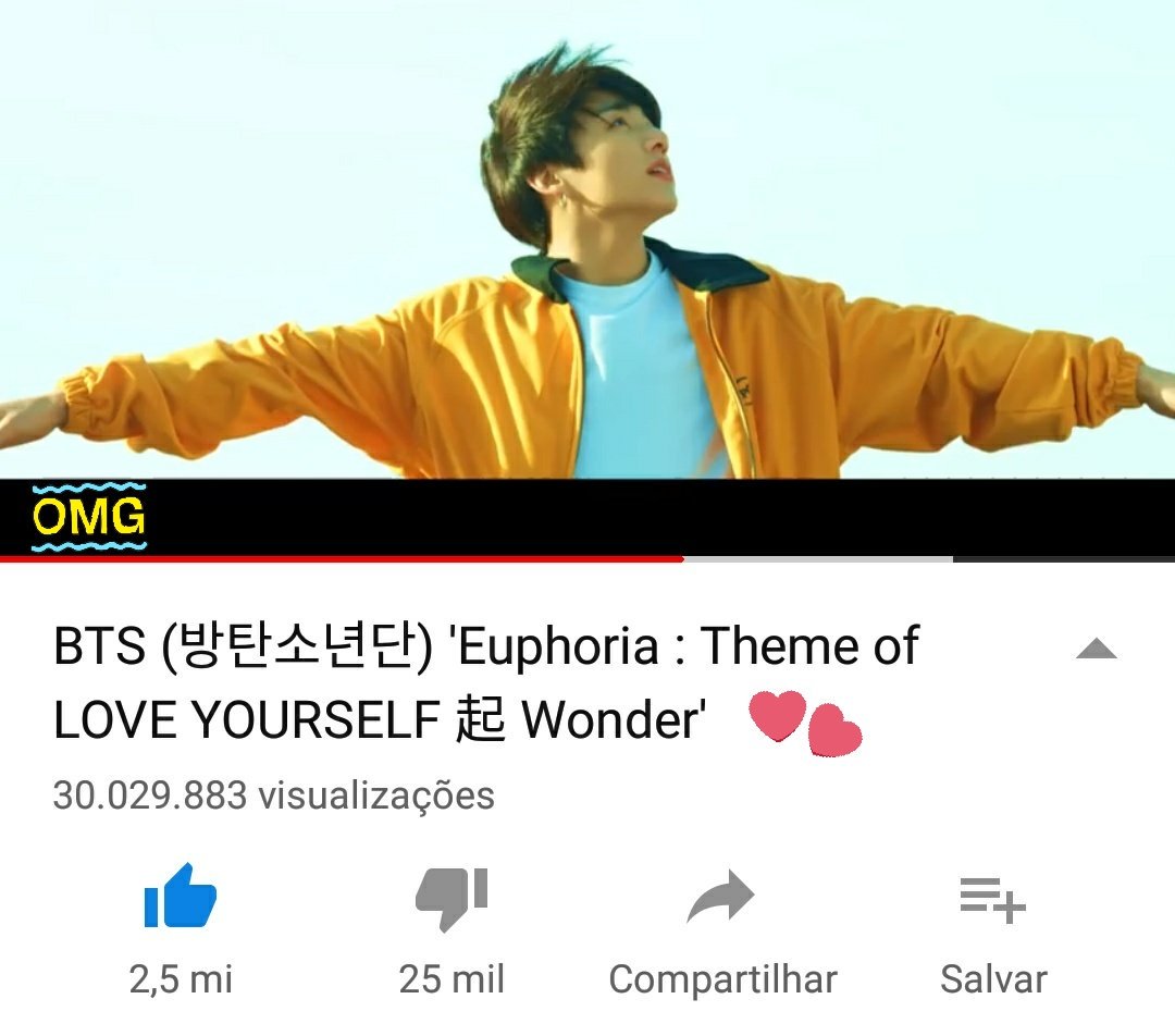 BackTheSoul's tweet photo. [#INFO - 18.08.07]

🎉 O MV 'Euphoria' chegou aos 30M de views no Youtube. Com isso, a meta foi alcançada porém continuem fazendo stream ARMYs! ✨

Façam stream pela nossa playlist:
https://t.co/Md1zW7Kbyq

#MMVAs #iHeartRadioMMVAs #FFGroupBTS @BTS_twt https://t.co/YnJiNx5NEE