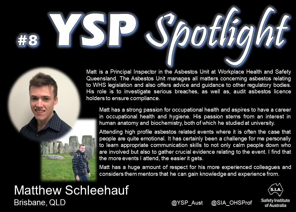 Today, Matthew Schleehauf is in the #yspspotlight (Profile 8)
Read about Matt's challenge as an emerging health and safety professional.
<a href="/YSP_Aust/">Young Safety Pro</a> @SIA_OHSProf #aw2aw
To take part and put yourself in the spotlight - email: yspinfo@sia.org.au