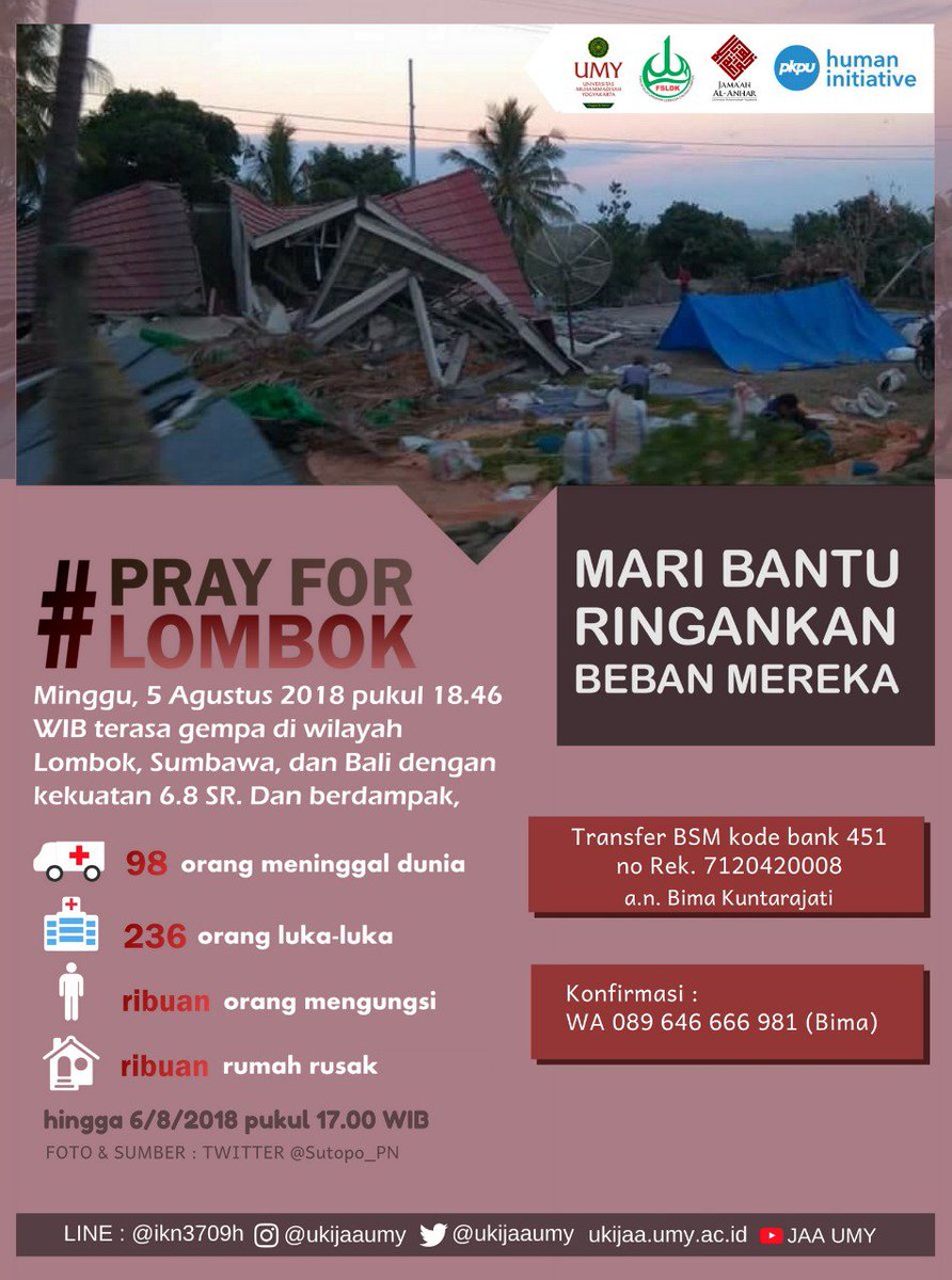 [ SERUAN PEDULI LOMBOK ] 

..Dan Tolong-menolonglah kamu dalam (mengerjakan) kebajikan dan takwa.. {QS. Al - Maidah ayat 2}
 
Bersama Jama'ah Al Anhar,  mari bersama bantu ringankan beban saudara kita. Dengan mengirimkan donasi terbaik Anda. 

#prayforlombok
#prayforindonesia