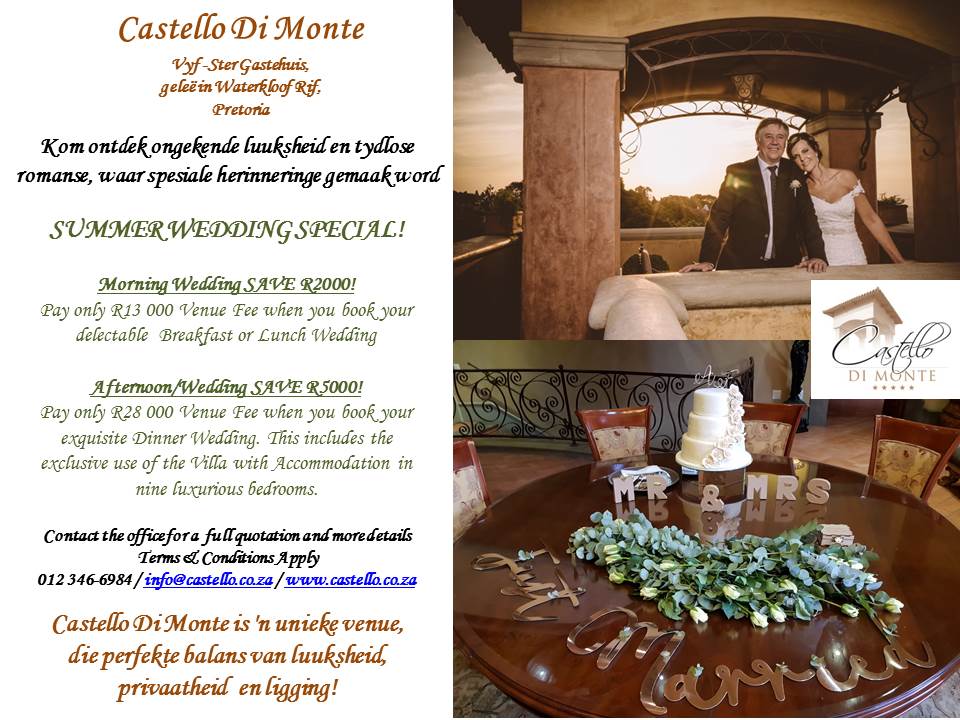 If you're tying the knot in Pretoria, why not take advantage of this great Summer Wedding Special? weddingflair.co.za/item/castello-…
@WeddingFlair #castellodimonte #weddingvenuepretoria