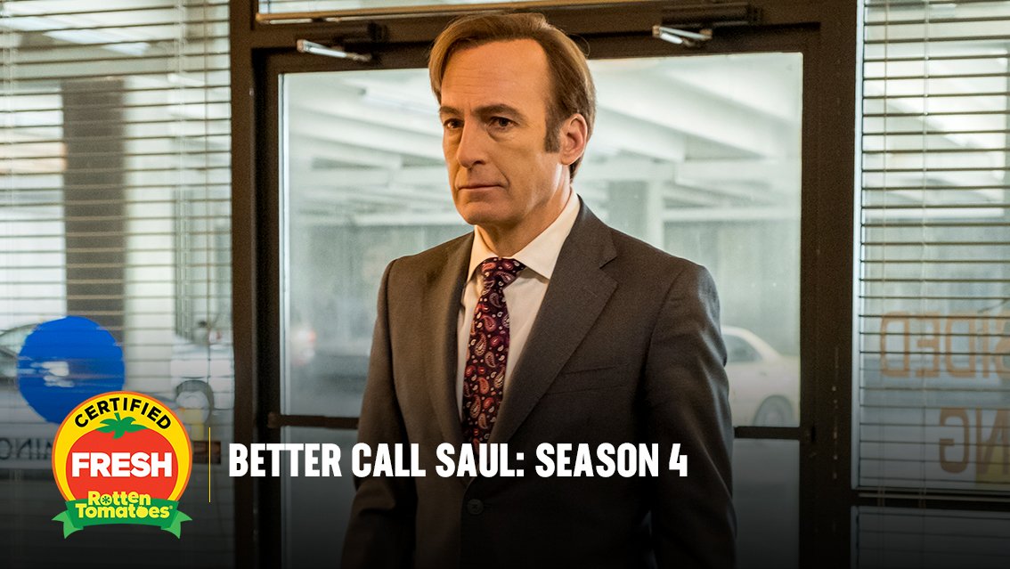 RottenTomatoes's tweet image. #BetterCallSaul Season 4 is now #CertifiedFresh at 100% on the #Tomatometer, with 21 reviews rottentomatoes.com/tv/better_call…