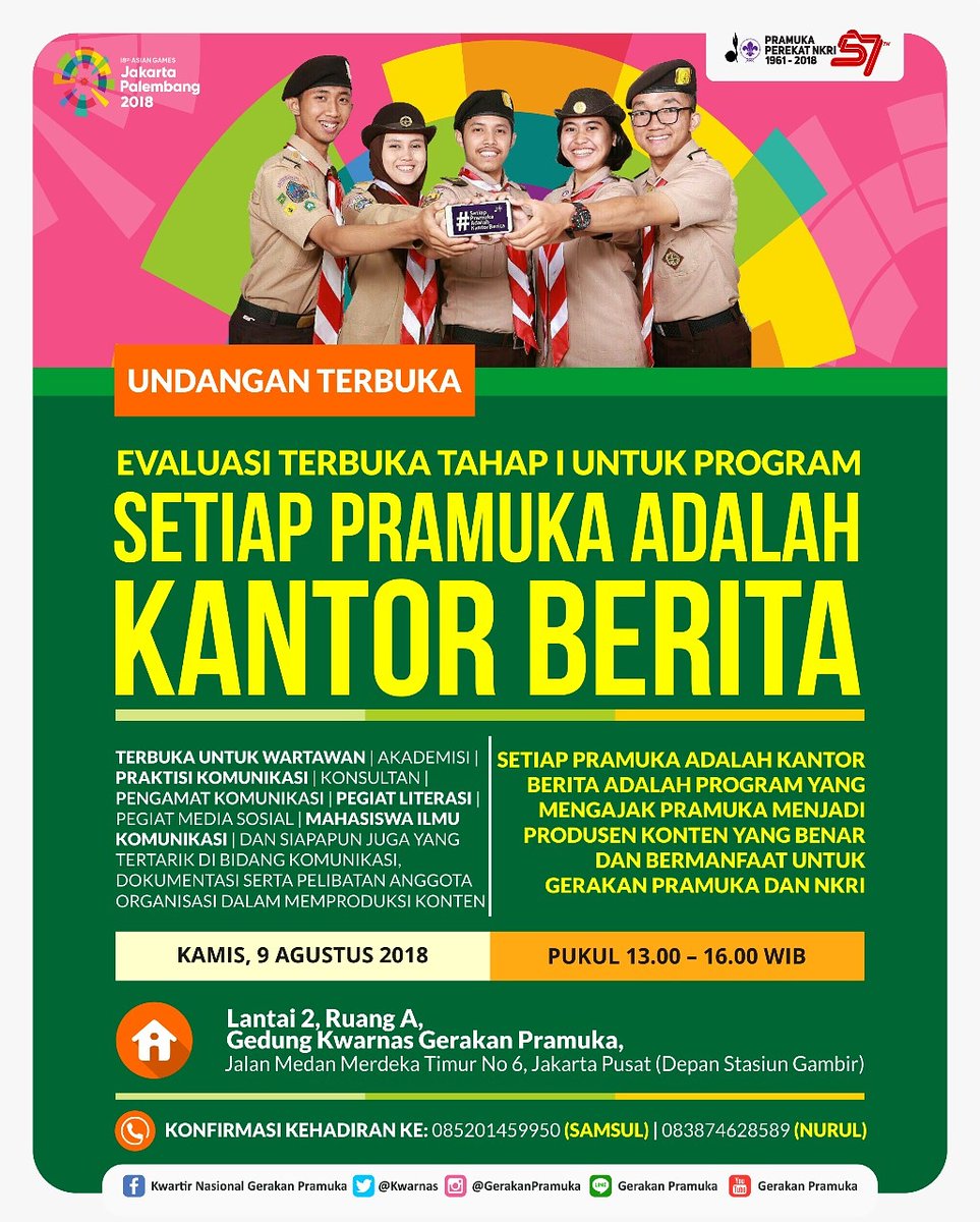 UNDANGAN TERBUKA

Evaluasi terbuka tahap 1, program "Setiap Pramuka Adalah Kantor Berita"

Konfirmasi kehadiran silakan hubungi nomor telp dalam poster. @MRomahurmuziy <a href="/pramonoanung/">Pramono Anung (IG : @pramonoanungw)</a> <a href="/budimandjatmiko/">Budiman Sudjatmiko (IG: kelasinspirasibudiman)</a> <a href="/Fahrihamzah/">#AyoMoveOn2024</a> <a href="/fadlizon/">FADLI ZON</a> <a href="/grace_nat/">Grace Natalie</a> <a href="/cakimiNOW/">A Muhaimin Iskandar</a> <a href="/Airlangga_4G/">Airlangga Hartarto</a> <a href="/fadjroeL/">Dr. M. Fadjroel Rachman</a>