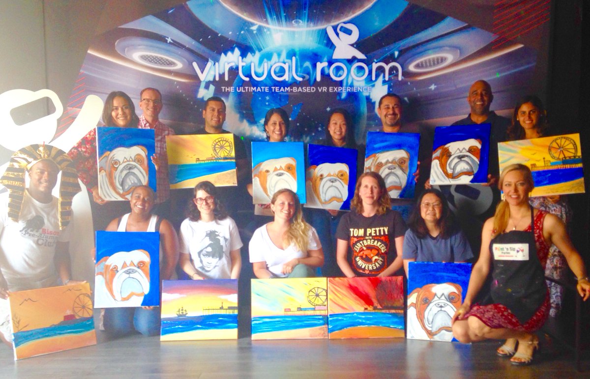 PaintSipParties's tweet photo. Team building with Live Nation at the Virtual Room, Hollywood. Paint ‘n Sip and save the world! #teambuilding #corporateteambuilding #livenation #paintandsip #paintandsipLA #paintnsip #stressrelief #fun #artisforeveryone #artisfun #creativity #challengeyourself https://t.co/jmsFapG35G