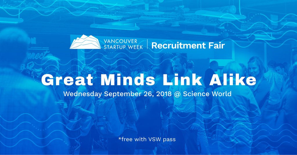 vanstartupweek's tweet photo. At our last #RecruitmentFair, we had 30+ companies on the hunt for developers, designers, marketing/sales & more! Join us on Sept. 26 for an amazing event packed with exciting opportunities: https://t.co/NftsngANPS #VSW2018 #VanStartup #BCTech https://t.co/NyBFiL2Riq