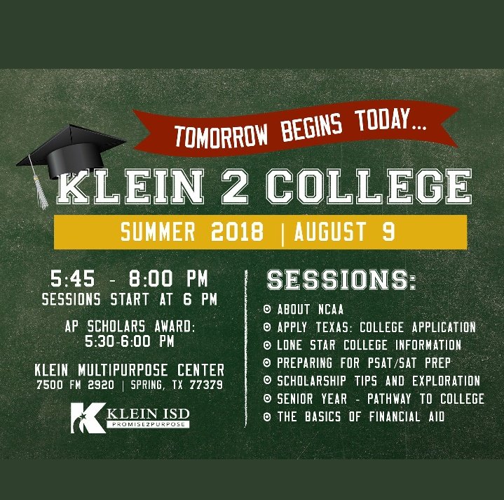 StephenieGolde2's tweet photo. @KCHS_Counselors Don't forget Klein 2 College is happening THIS Thursday! Join us to learn all about applications, test prep, how to plan your senior year and more during information sessions. https://t.co/69d24Bc0JD https://t.co/Z9uCaYGeLM